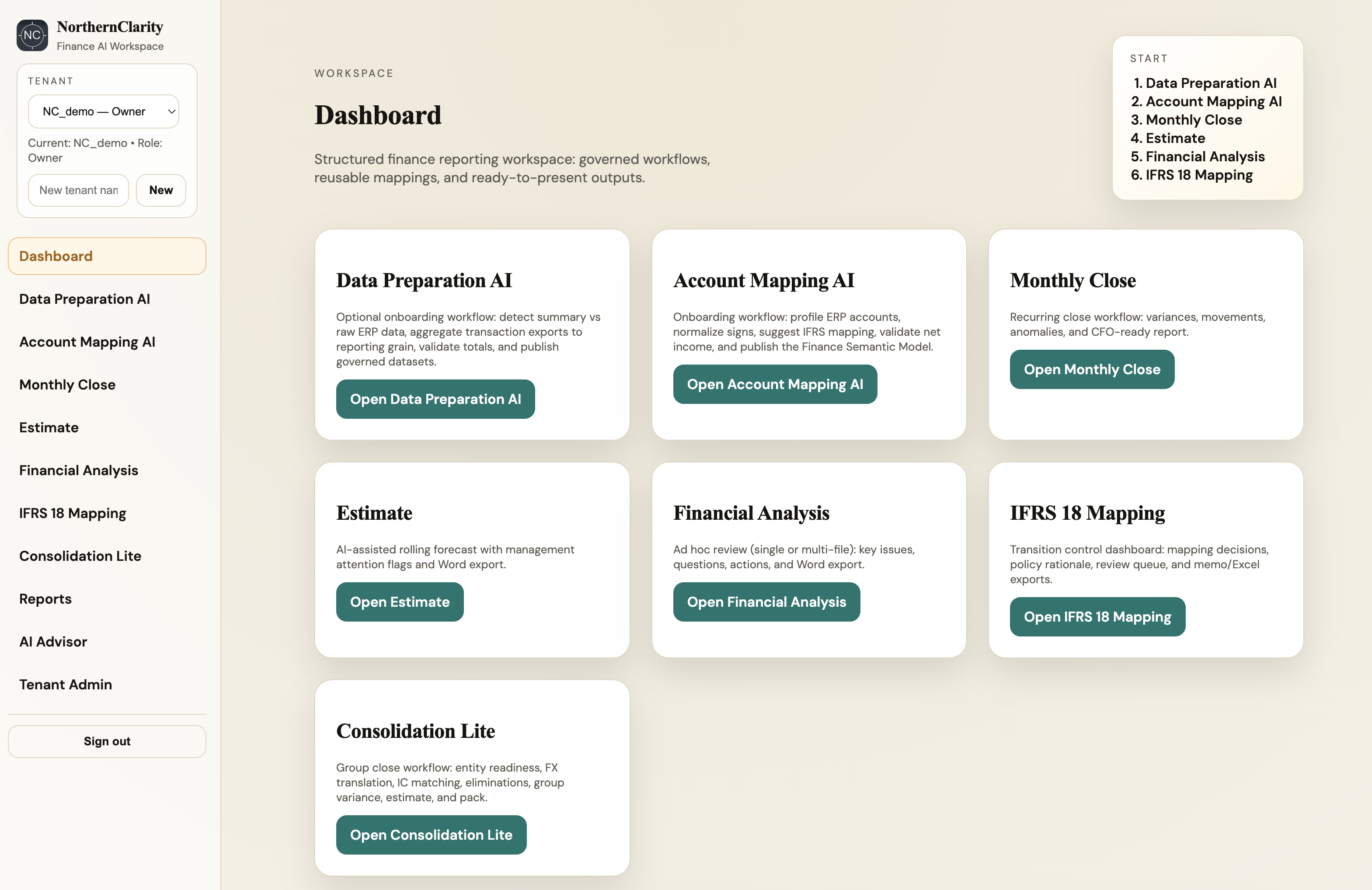 NorthernClarity Finance AI Workspace dashboard with governed finance workflows