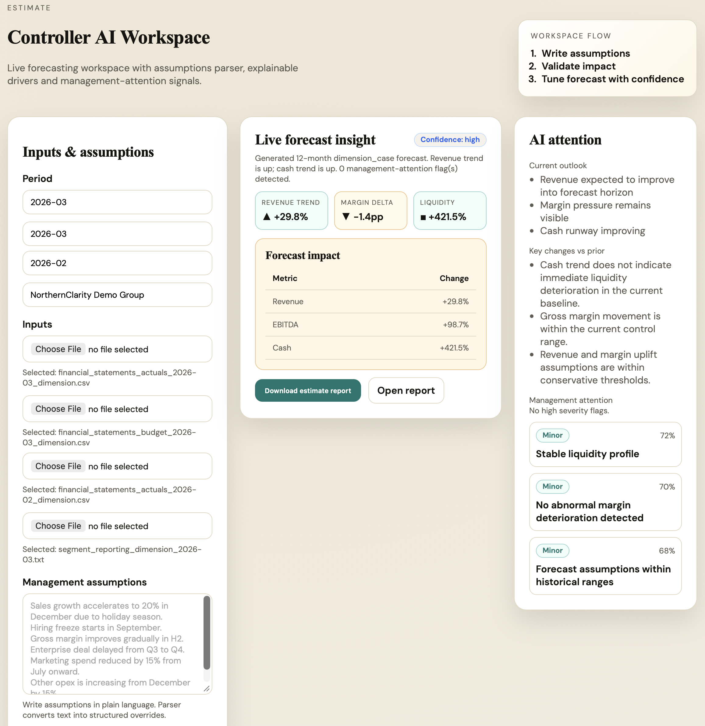 Estimate workflow with management assumptions, AI attention, and forecast impact
