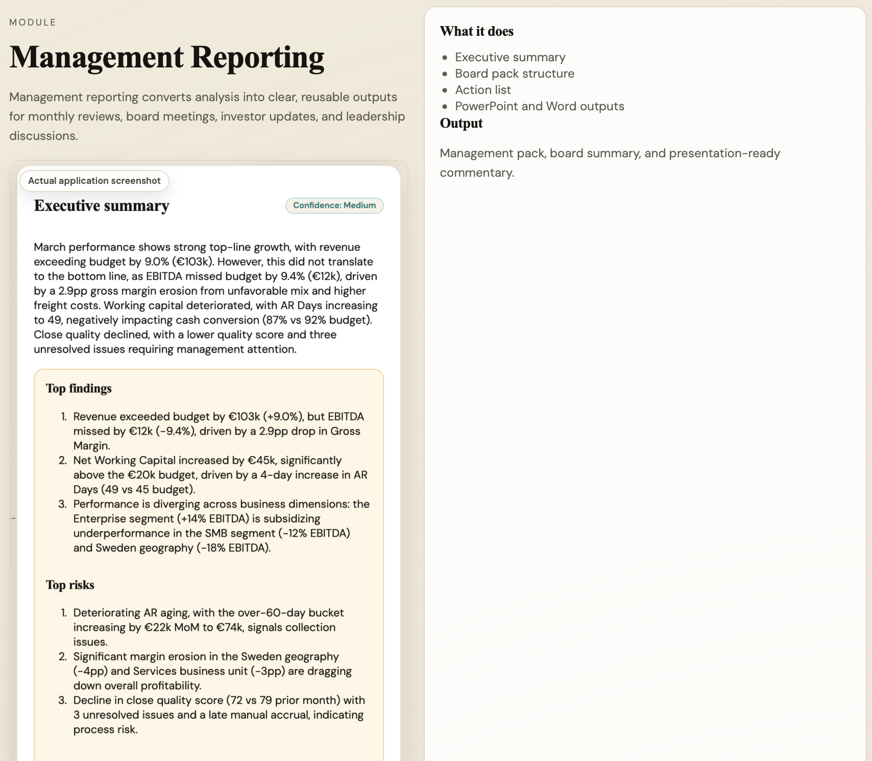 Management reporting module with executive summary, findings, risks, actions, and output options